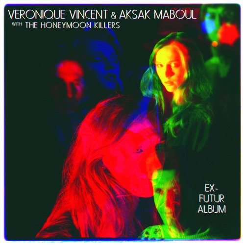 "CD album cover with three people and multicolored lighting effects."