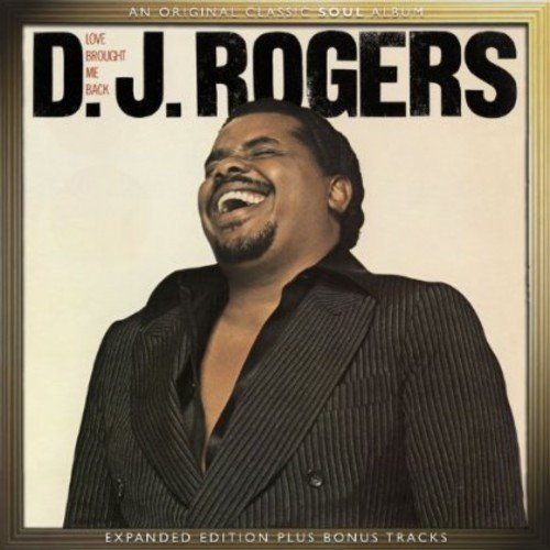 "Album cover featuring D.J. Rogers laughing, wearing a black pinstripe suit, with text overlay."