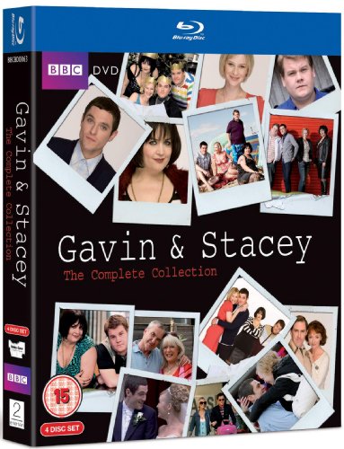 "Gavin & Stacey Blu-ray box set with Polaroid photos of characters on black background."