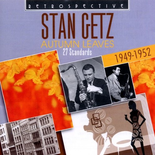 Stan Getz album cover with collage of photos and autumn leaves on purple background.
