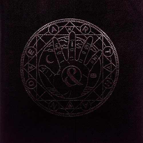 A black vinyl record sleeve with a white mystical hand design and symbols.