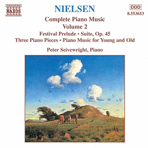 "Album cover with serene landscape painting and red and blue text on white background."