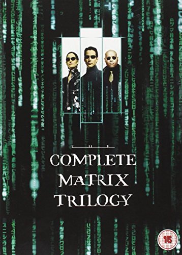 "Matrix trilogy DVD cover featuring three main characters against a green code background."