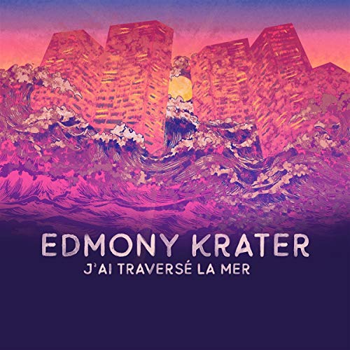 "Album cover with a vibrant illustration of a figure on a wave, surrounded by buildings."