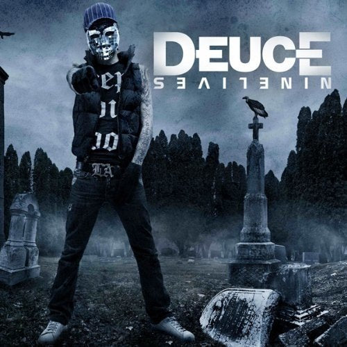 "Album cover with a man in a graveyard, pointing, with 'Deuce - Nine Lives' text."