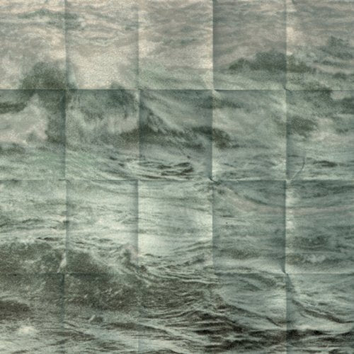 The image depicts a vinyl record sleeve. Alt text: A vinyl record sleeve with a grid pattern and a water scene.