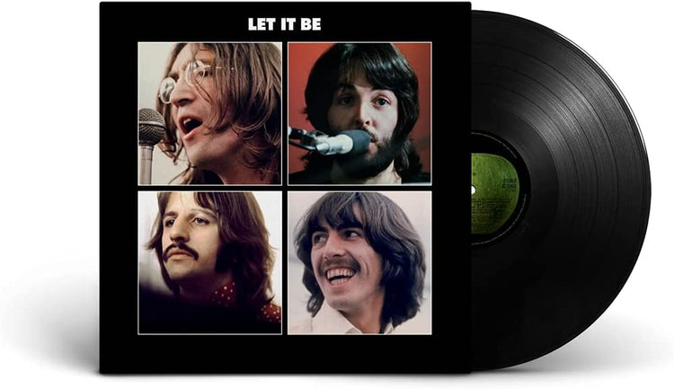 "Black vinyl record with 'Let It Be' album cover featuring The Beatles' portraits."
