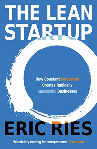 The image is a blue book cover with white and black text. Alt text: Blue book cover with white brushstroke and "The Lean Startup" title.