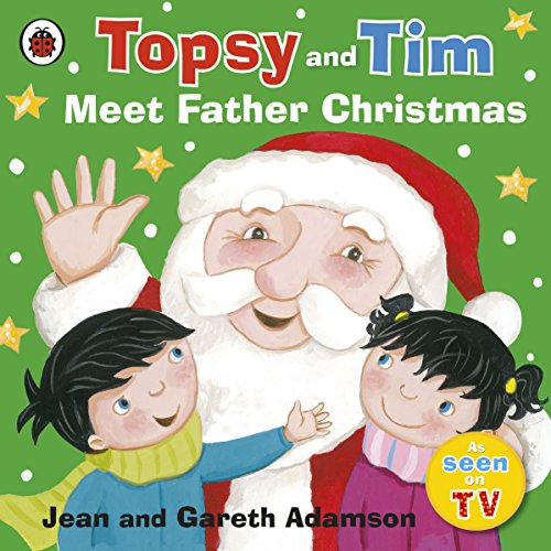 "Children's book cover featuring Santa Claus and two children against a green background."