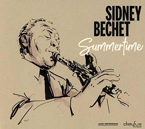 "Sidney Bechet playing a clarinet, illustrated in black on a beige background."