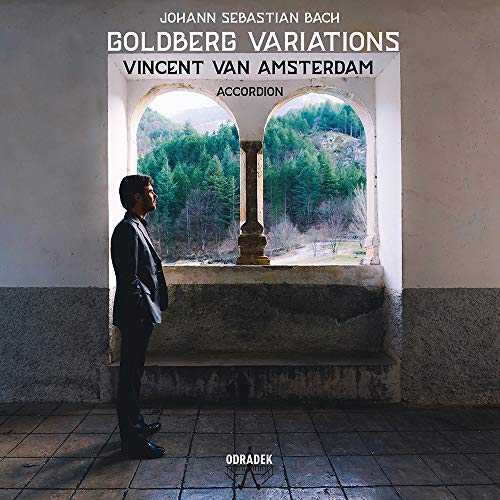 "Album cover with a man standing by an arched window, looking outside."