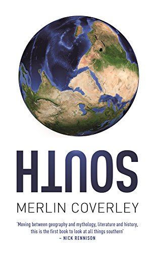 The image depicts a book cover with a globe and text. The alt text is: "Book cover with globe and title 'South' by Merlin Coverley."
