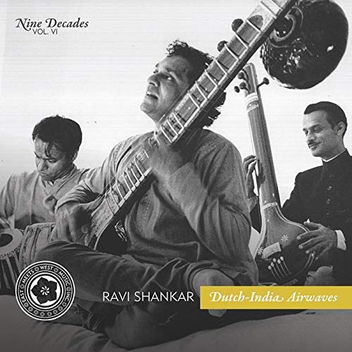 Black and white album cover featuring Ravi Shankar with two other musicians and a sitar.
