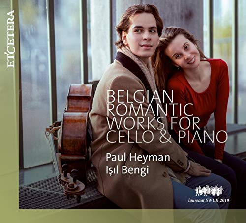 "CD cover with a man and woman sitting together, a cello between them."