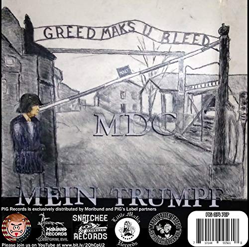 Pencil drawing of a man being hosed down, with a "GREED MAKS U BLEED" sign overhead.
