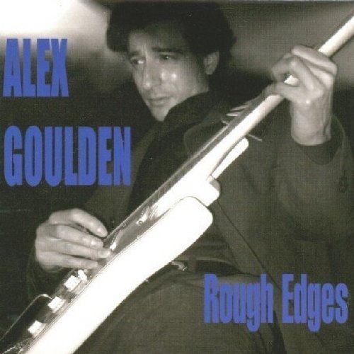 Black and white image of a man holding a saxophone, with blue text overlay.