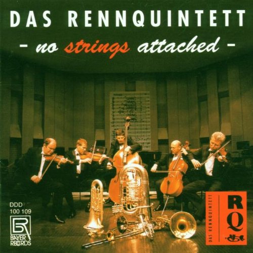"CD cover featuring a string quintet with brass instruments on a stage."