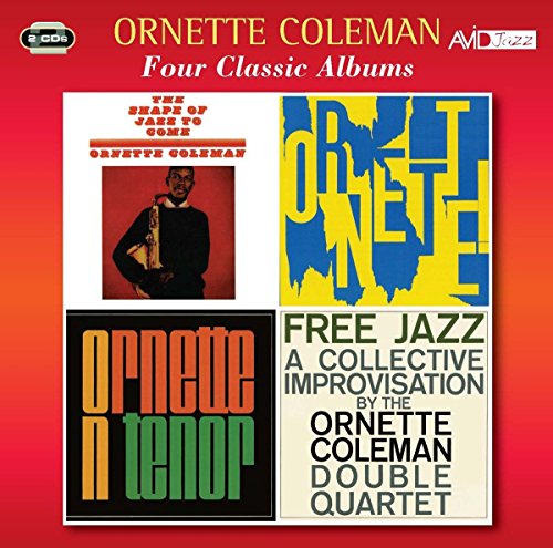 "Red gradient background with four Ornette Coleman album covers displayed prominently."