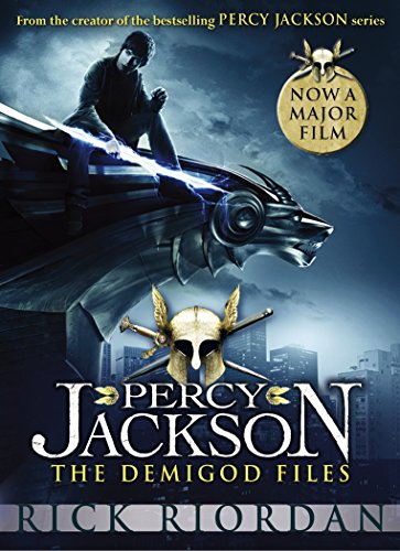 Book cover with "Percy Jackson: The Demigod Files" title, sword, and helmet on black background.