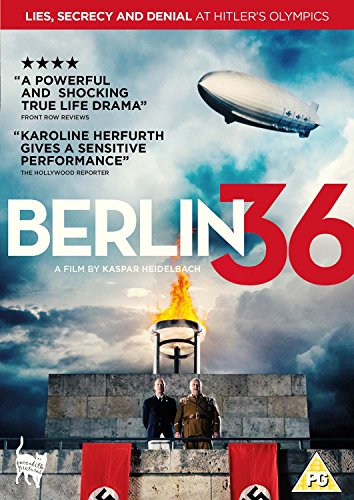 "Berlin 36 DVD cover featuring two men on a stone wall with Nazi flags."