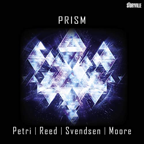 A black album cover with a white, glowing geometric prism design and white text.