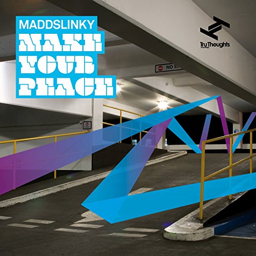 "Album cover with parking garage image, blue and purple arrows, and white text."