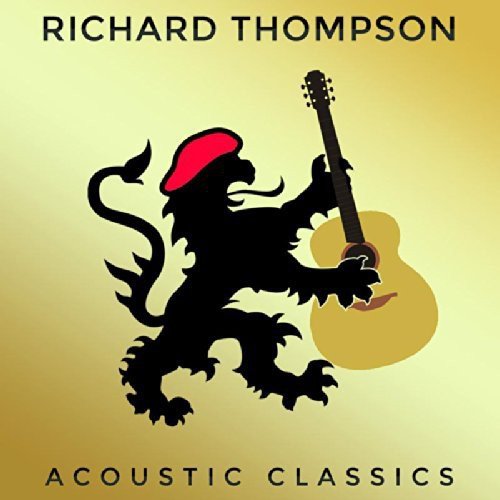 "Album cover featuring a black lion silhouette holding a guitar against a gold background."