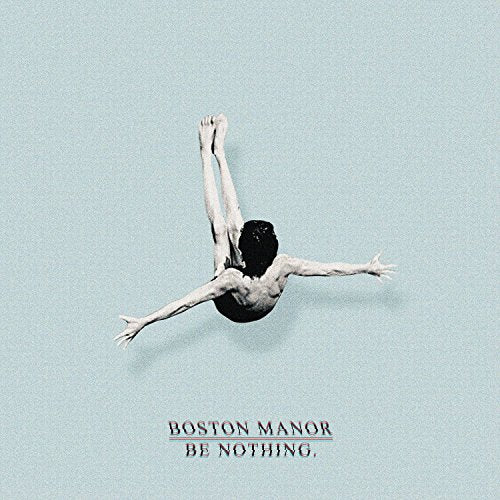 Album cover with a person diving into a black circle on light blue background.