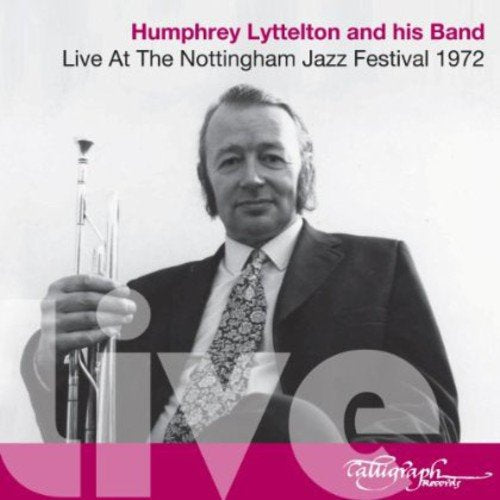 Album cover with black and white photo of man holding trumpet, pink accents.