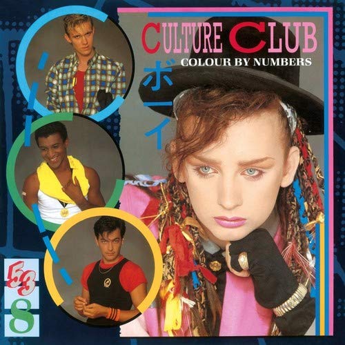 "Album cover with a woman and three inset male portraits, colourful text and graphics."