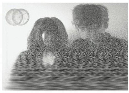 A black and white image of two people with a vinyl record.
