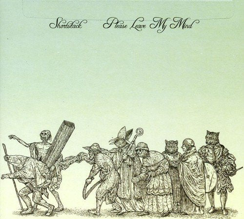 "Album cover with medieval illustration of people and a skeleton on a pale green background."