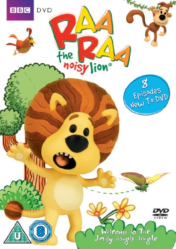 "Cartoon lion with large mane on a DVD cover with jungle animals and flowers."