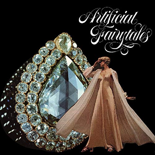 "Album cover featuring a woman in beige dress and a large jewel on black background."