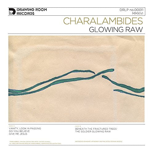 Album cover with abstract green lines on beige background, titled "Charalambides - Glowing Raw".