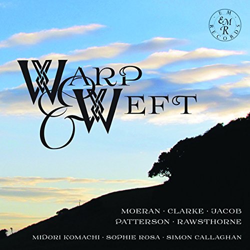 "Album cover with 'Warp & Weft' title, serene landscape, and artist names at the bottom."