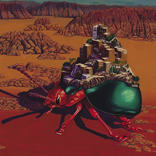 "Album cover art: a large red beetle with a green hill and buildings on its back."