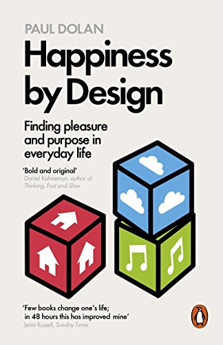 "Happiness by Design" book cover featuring stacked blocks with icons on a beige background.