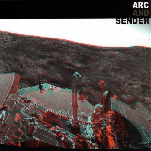 "Album cover with red-tinted, futuristic machinery on a barren, rocky surface."