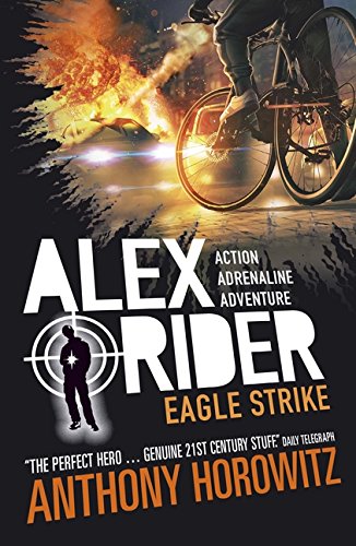 The image depicts the cover of "Alex Rider: Eagle Strike" by Anthony Horowitz. Alt text: Book cover with boy on bicycle amidst explosion, title, and author's name.