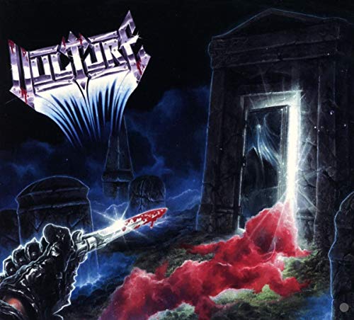 "Album cover art: Hand holding guitar, red smoke, and ancient stone structure."