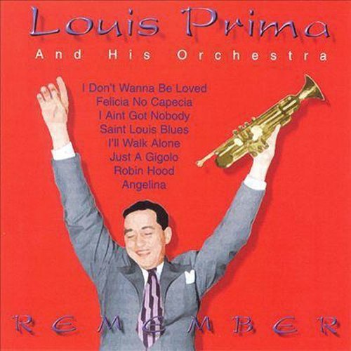 "Album cover with Louis Prima holding a trumpet, against a red background."