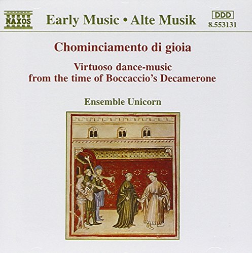 "CD cover with medieval illustration of musicians and dancers, white background, red and green text."
