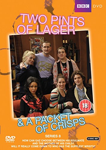 The image is an orange DVD cover for "Two Pints of Lager & a Packet of Crisps Series 8". Alt text: Orange DVD cover with cast photo and show title.