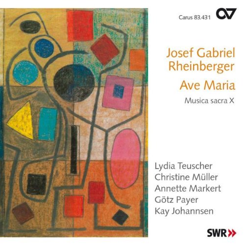 "CD cover with abstract art and text listing 'Josef Gabriel Rheinberger Ave Maria' and performers."