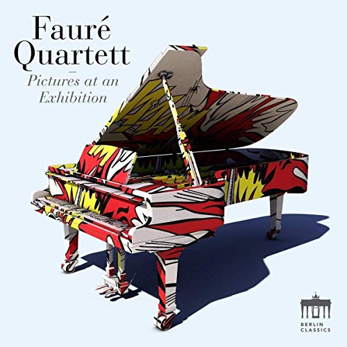 "Album cover featuring a grand piano with abstract red, yellow, and white design."