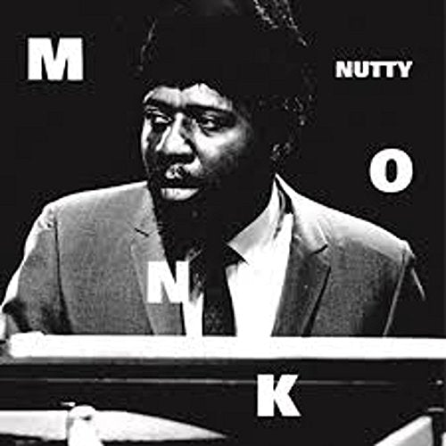Black and white image of Thelonious Monk at a piano with bold white text overlay.