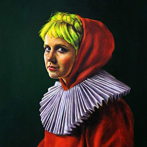 Painted portrait of a woman with yellow hair, red hood, and white ruff.