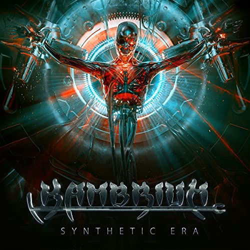 The image shows a futuristic album cover with a cyborg figure. For accessibility purposes, a suitable alt text could be: "Cyborg figure with outstretched arms, surrounded by machinery and glowing blue circle."