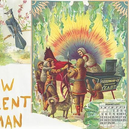 Vintage calendar image with figures, a horse, and a blue jay bird.